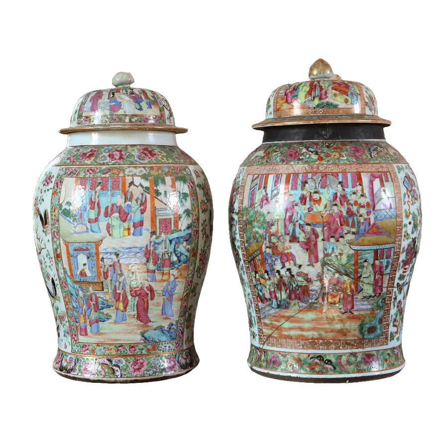 Two large 19th century Canton Chinese export vases with covers from Collection EE20, both with notable damage.