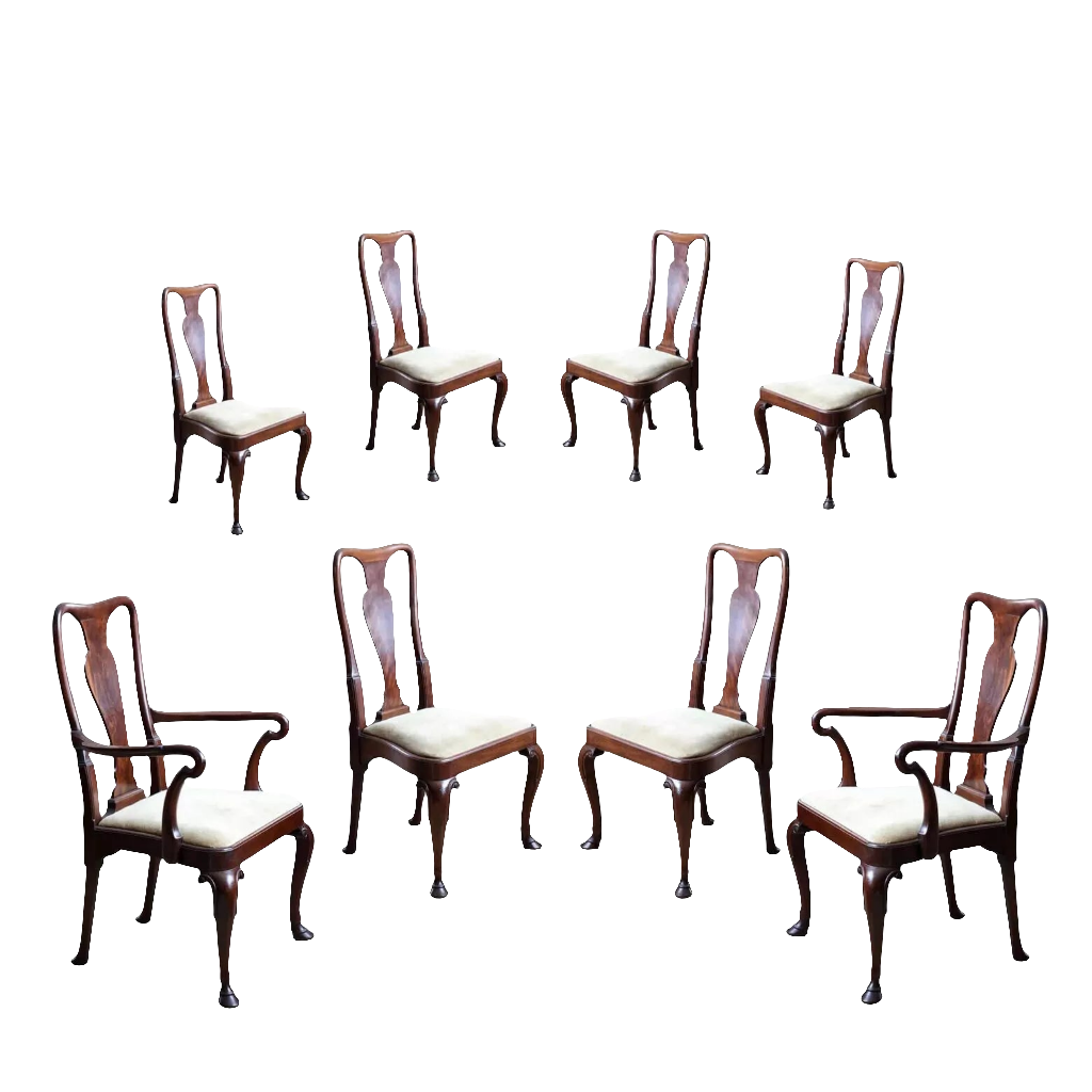 Set of eight George II style mahogany dining chairs with hoof feet by Nwtiques circa 1920