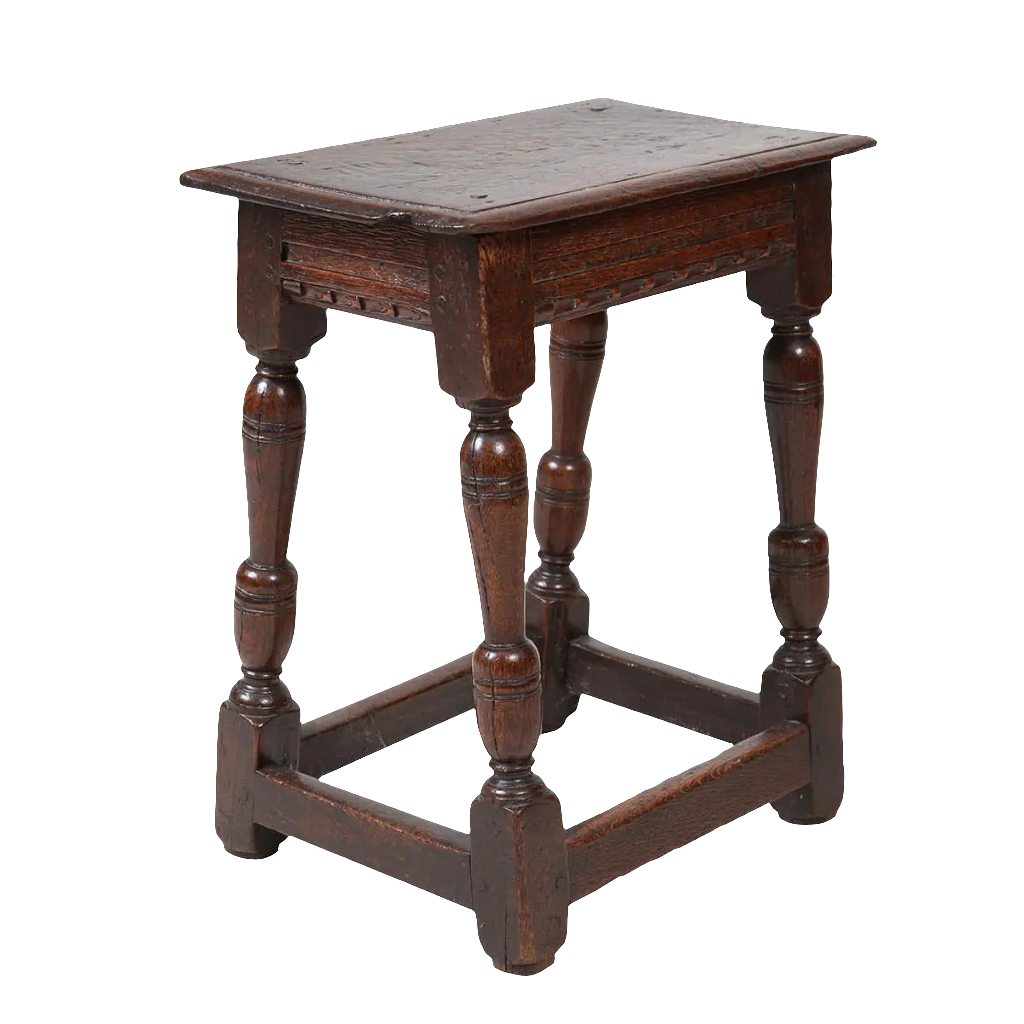 Early 17th century oak joint stool with baluster legs and carved frieze from Collection CK20
