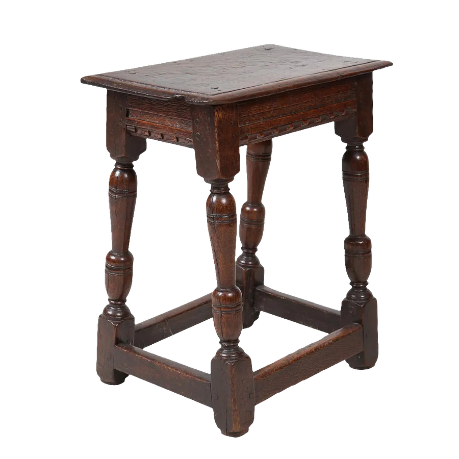 Early 17th century oak joint stool with baluster legs and carved frieze from Collection CK20