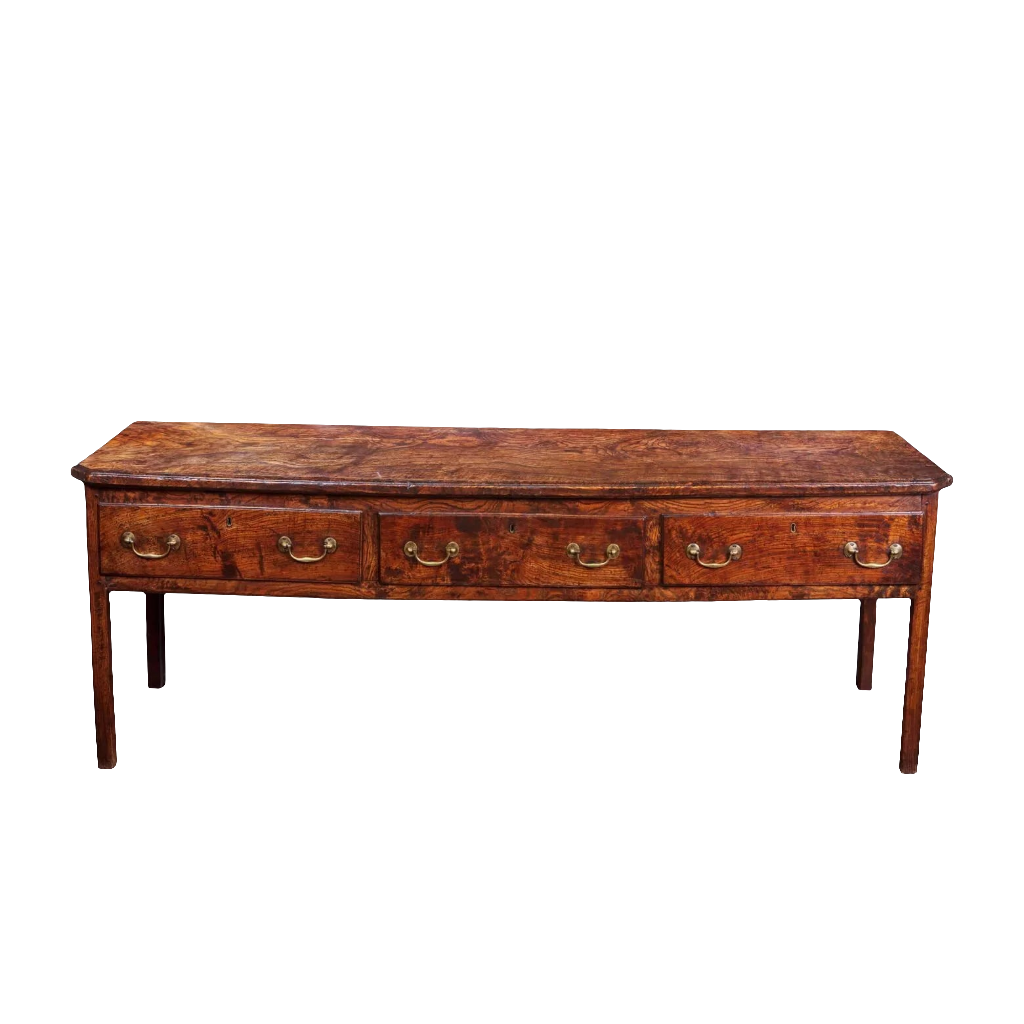 Magnificent Welsh elm dresser base with four drawers and brass handles by Collection CK20 circa 1750 Georgian style