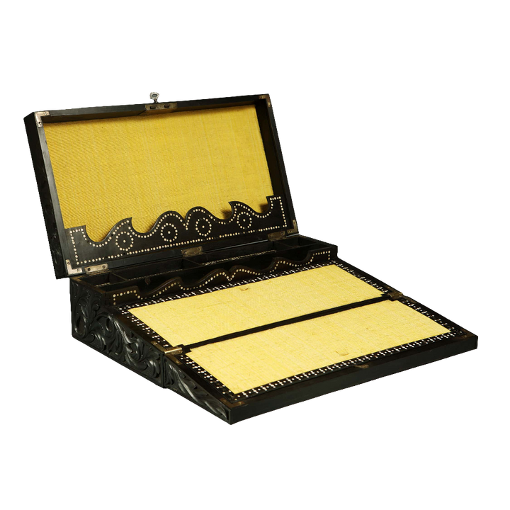 Mid-19th century Anglo Ceylonese ebony writing slope with carved details by Nicholas Wells Antiques.