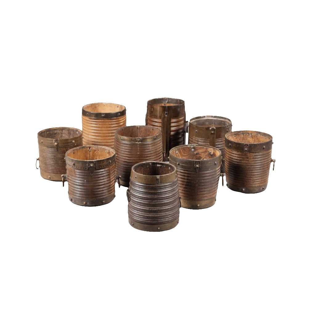 Collection EE20 of nine 19th century Indian teak rice measures with brass bindings and ribbed turned bodies