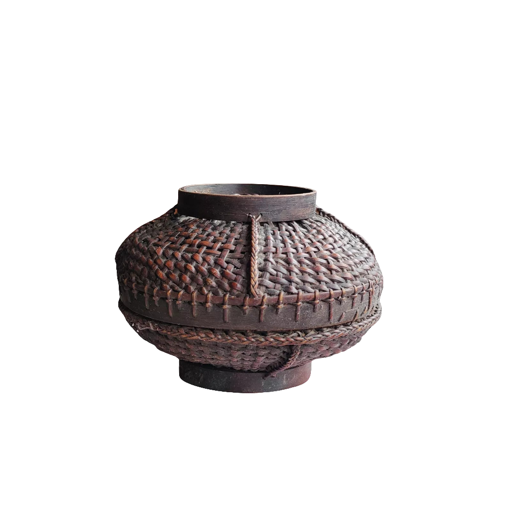 Ifugao Philippine bamboo rattan box with woven lid and base by Nicholas Wells Antiques handcrafted tribal storage bowl