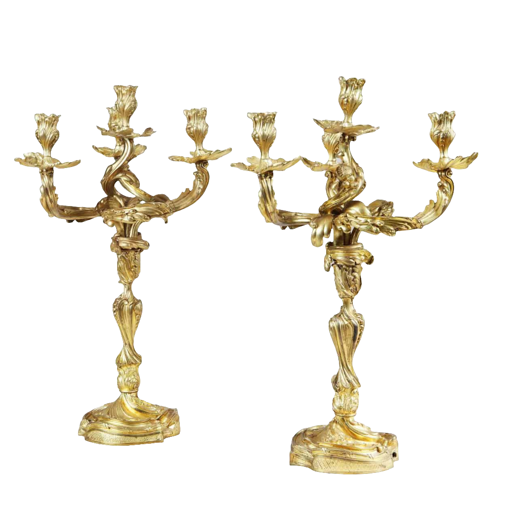 Pair of Louis XV style four-light ormolu candelabra with intricate design by Collection NI10 luxury decor