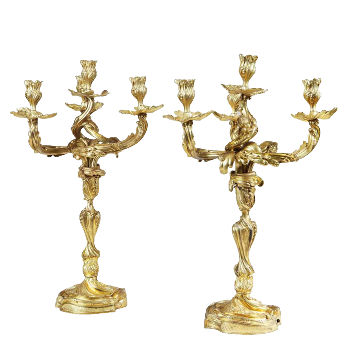 Pair of Louis XV style four-light ormolu candelabra with intricate design by Collection NI10 luxury decor