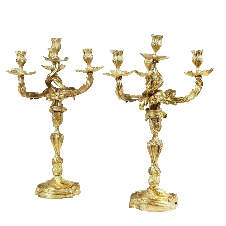 Pair of Louis XV style four-light ormolu candelabra with intricate design by Collection NI10 luxury decor