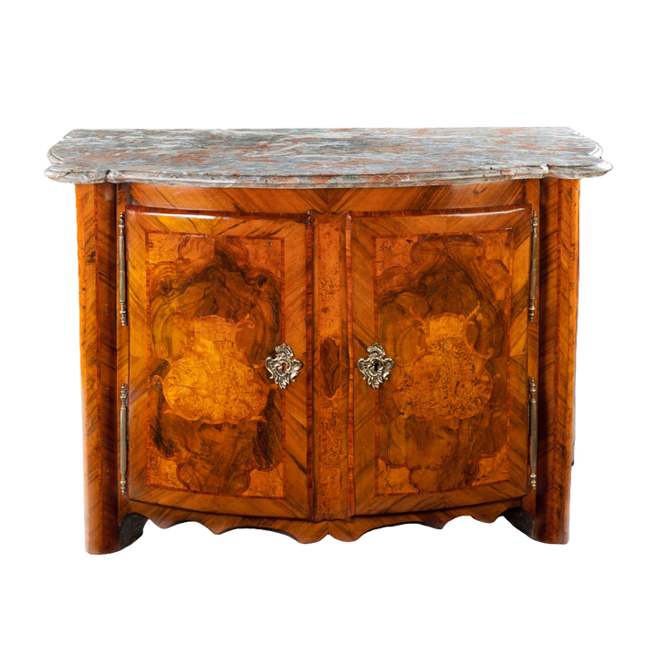Magnificent Louis XIV walnut cabinet with Breccia marble top by Nwtiques, exquisite 18th-century French craftsmanship