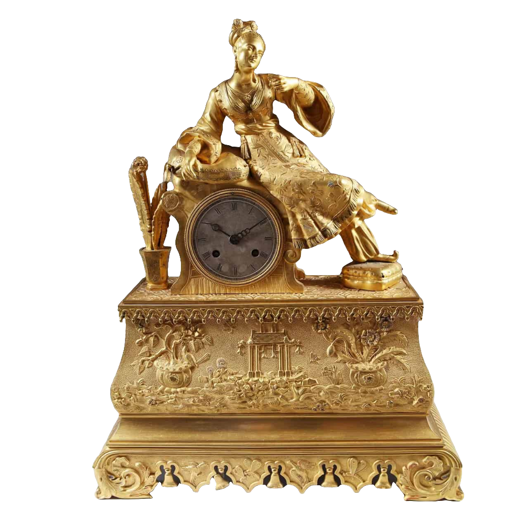 19th-century gilt bronze Ottoman mantle clock with seated lady, floral and pagoda details by Nwtiques