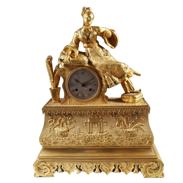 19th-century gilt bronze Ottoman mantle clock with seated lady, floral and pagoda details by Nwtiques