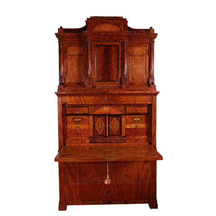 Biedermeier Secretaire abattant with flame mahogany veneers and fitted interior featuring hidden compartments and drawers.