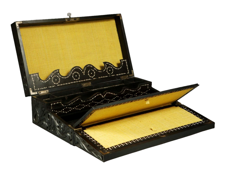Mid-19th century Anglo Ceylonese ebony writing slope by Nicholas Wells Antiques with intricate carving and storage compartments