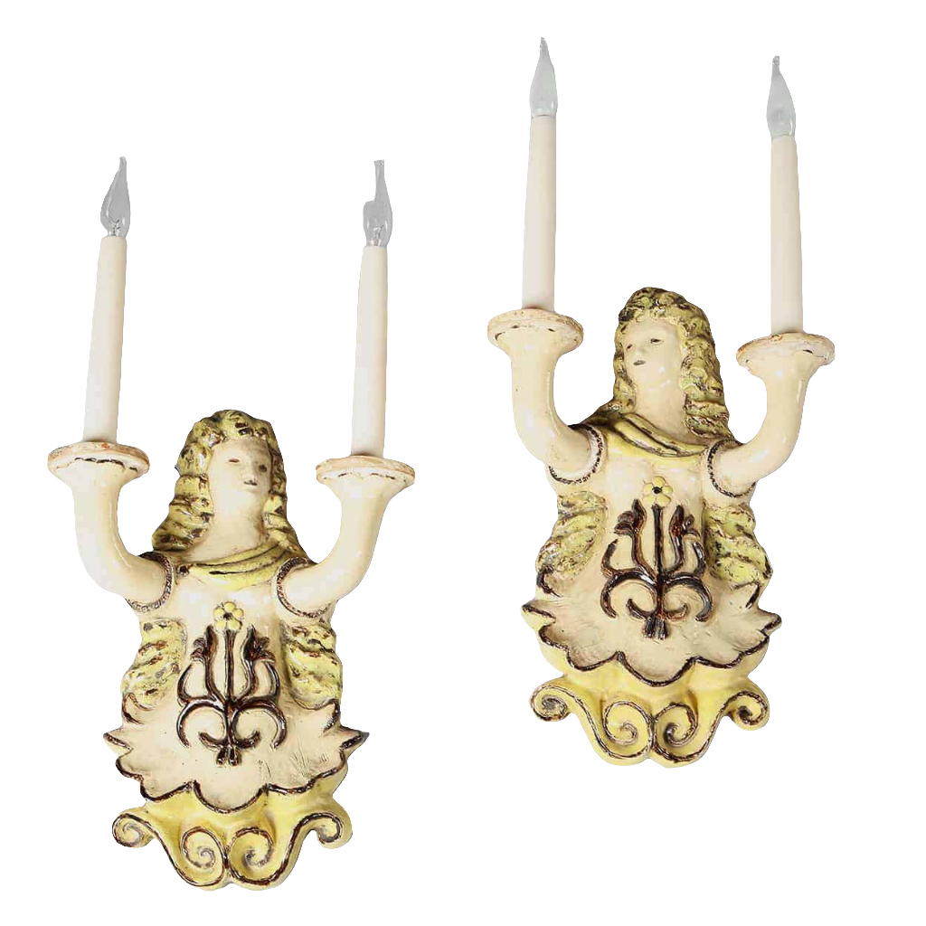 Pair Vallauris ceramic wall lights with ornate female figure design by Collection ES10, circa 1950 French origin