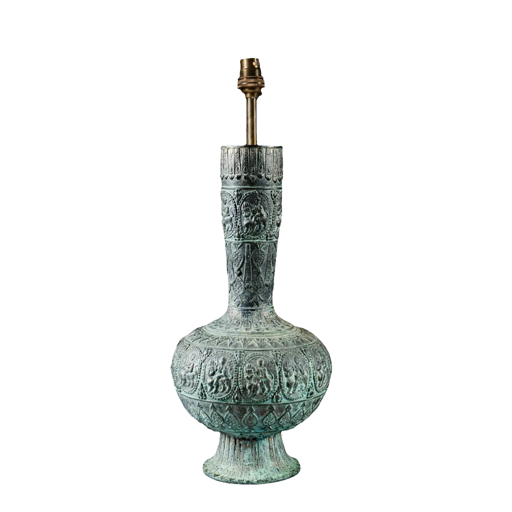 Indian Bronze Vase as a Table Lamp with 19th century deity reliefs and a bulbous body on a flared foot from India circa 1875.