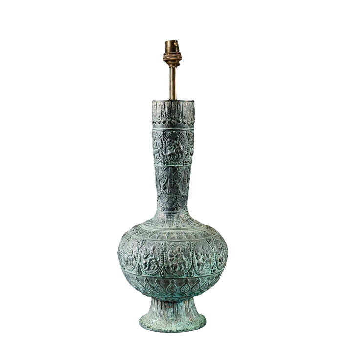 Indian Bronze Vase as a Table Lamp with 19th century deity reliefs and a bulbous body on a flared foot from India circa 1875.
