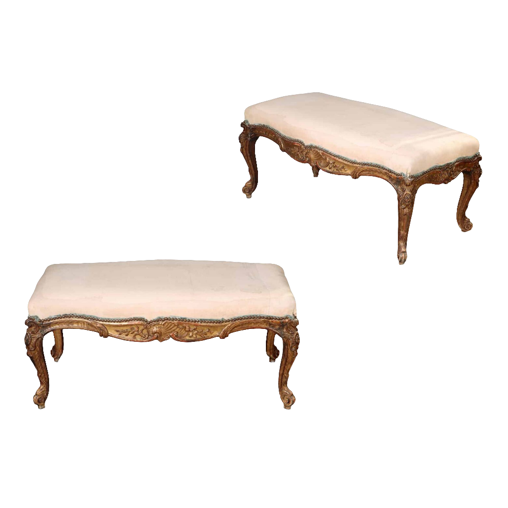 Pair of Napoleon III Rococo window seats with gilded beech frames and cream upholstery from Collection CK20