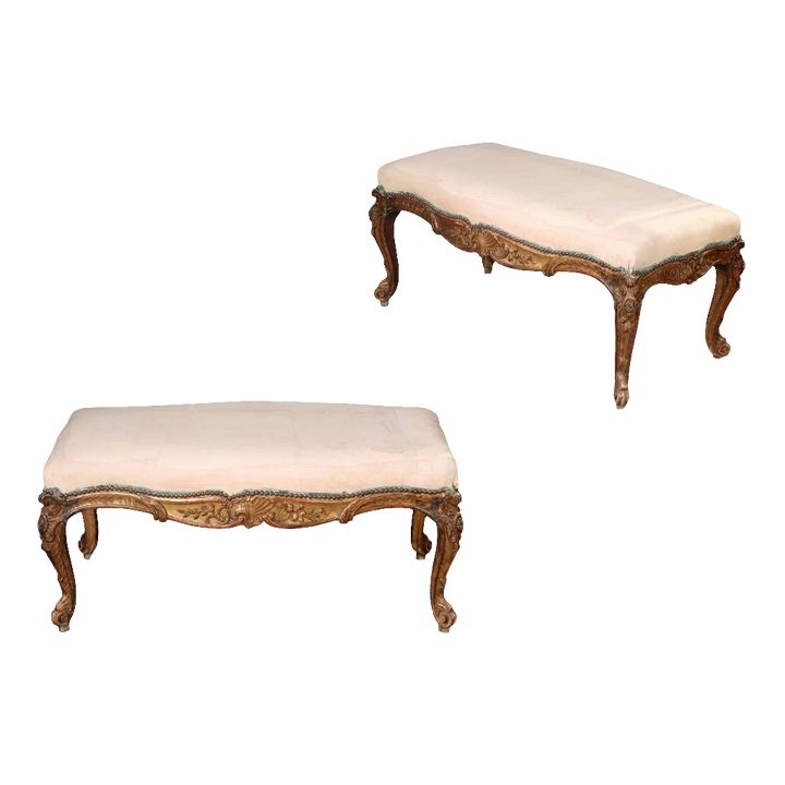 Pair of Napoleon III Rococo window seats with gilded beech frames and cream upholstery from Collection CK20