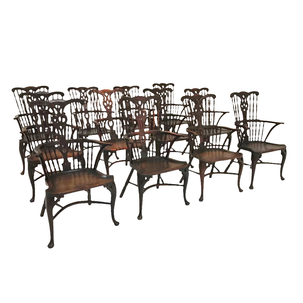 Set of 12 Georgian comb-back Windsor armchairs with elm seats and cabriole legs by Nwtiques.