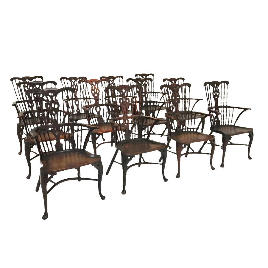 Set of 12 Georgian comb-back Windsor armchairs with elm seats and cabriole legs by Nwtiques.