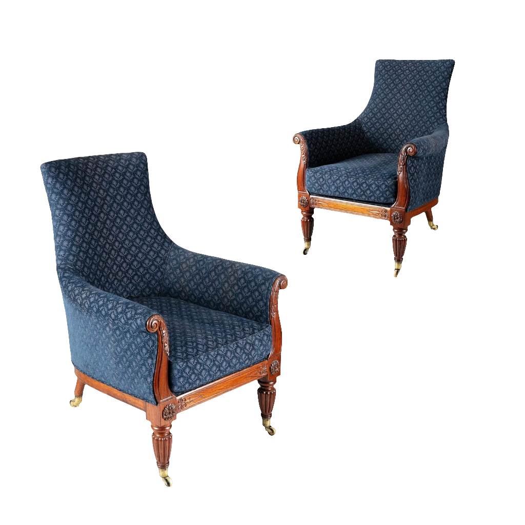Pair of Regency lyre form rosewood library chairs upholstered in blue fabric by Collection CK20
