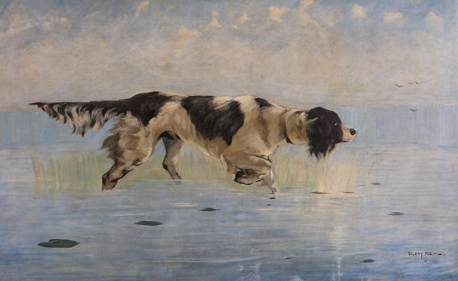 Early 20th-century painting of a water spaniel walking through shallow water by Eilert Mehl, Collection CK10