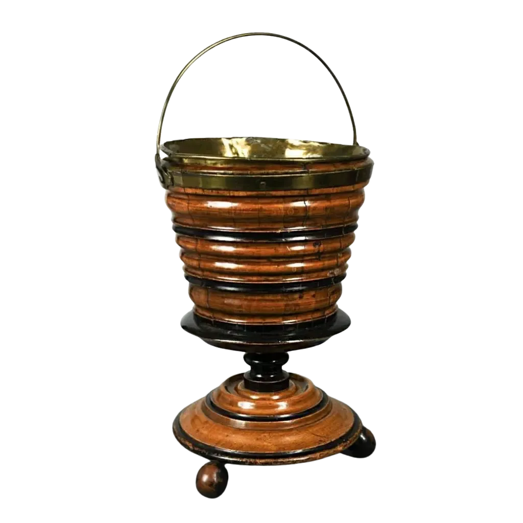 19th century Dutch turned fruitwood hot coal bucket with brass liner and swing handle by Nwtiques