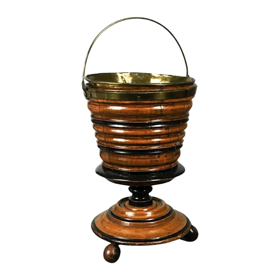 19th century Dutch turned fruitwood hot coal bucket with brass liner and swing handle by Nicholas Wells Antiques
