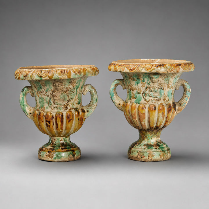 A Pair of Late 17th Century Tin-Glazed Campana Urns