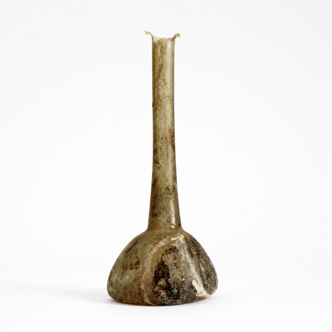 Tall Ancient Roman Iridescent Glass Candlestick Unguentarium, circa 2nd–3rd Century AD