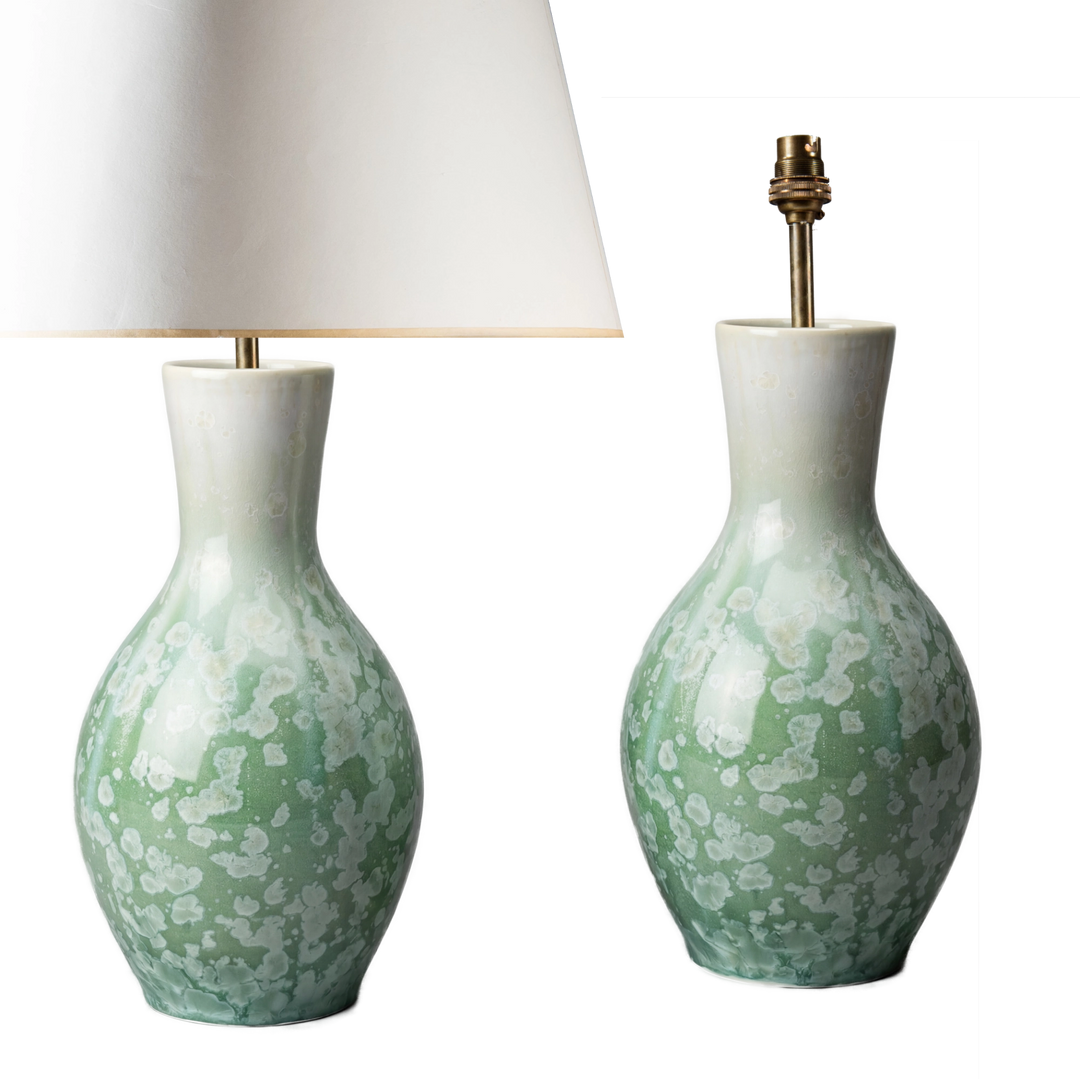 Large pear-shaped celadon crystalline glaze table lamps by Nwtiques, showcasing elegant Asian ceramic craft.