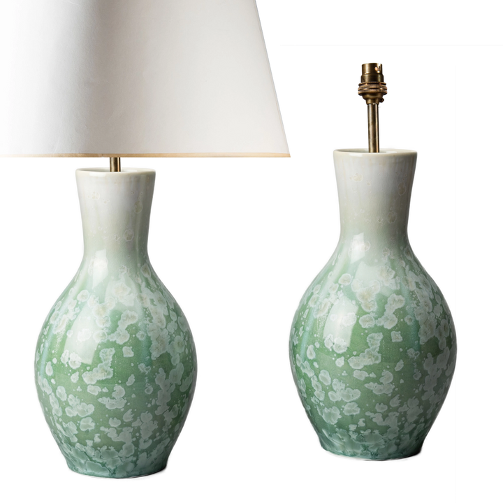 Large pear-shaped celadon crystalline glaze table lamps by Nwtiques, showcasing elegant Asian ceramic craft.