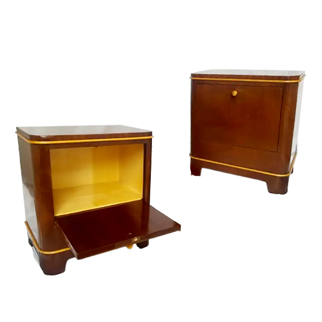 Pair of Art Deco bedside cabinets by de Coenes Frères, mahogany with boxwood details, from Nwtiques