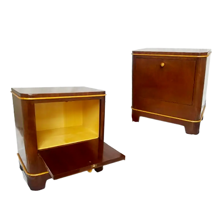 Pair of Art Deco bedside cabinets by de Coenes Frères, mahogany with boxwood details, from Nwtiques
