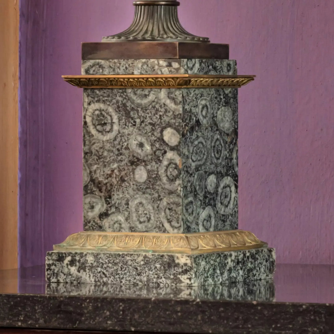 Close-up of a Medici Borghese vase base in orbicular diorite and bronze from Collection EE20 circa 1810