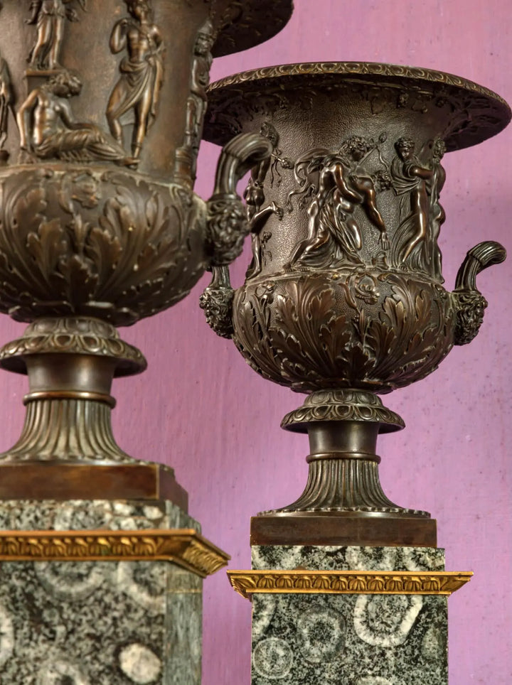 Pair of early 19th century bronze and Napoleonite Medici Borghese vases from Collection EE20 on marble bases