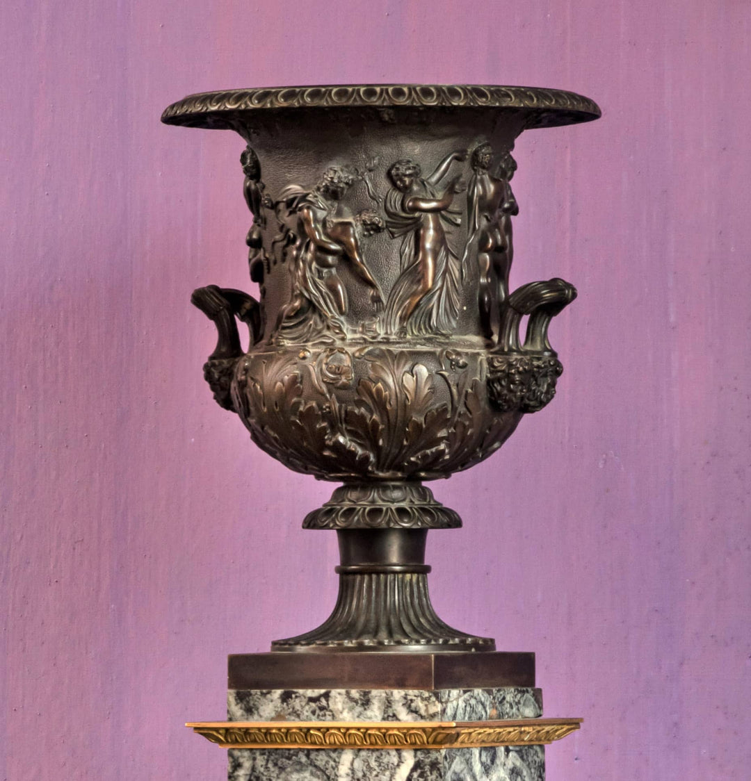 Empire bronze Medici vase with classical relief and ornate handles on marble base by Collection EE20
