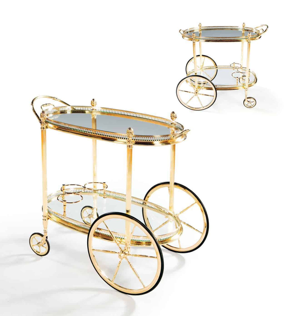 Mid-century Maison Jansen bar cart drinks trolley with gold frame and glass shelves sold by Nicholas Wells Antiques