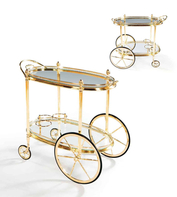 Mid-century Maison Jansen bar cart drinks trolley with gold frame and glass shelves sold by Nicholas Wells Antiques