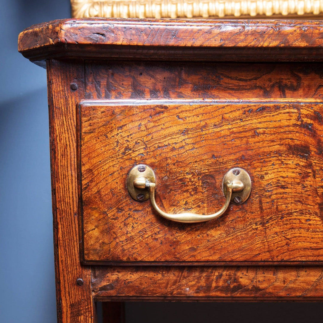 Close-up of drawer with original-style brass handle on Welsh elm dresser base by Collection CK20