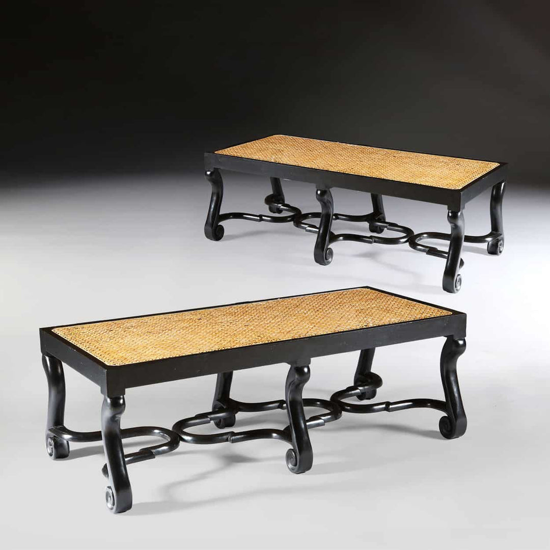 Pair of ebonised benches with woven cane seats and Jacobean stretchers by Collection EE30 in elegant period style