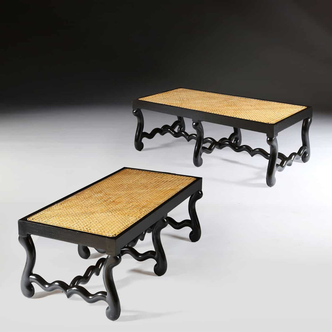 Pair of Os de Mouton ebonised long benches with cane seats and S-shaped legs by Collection EE30