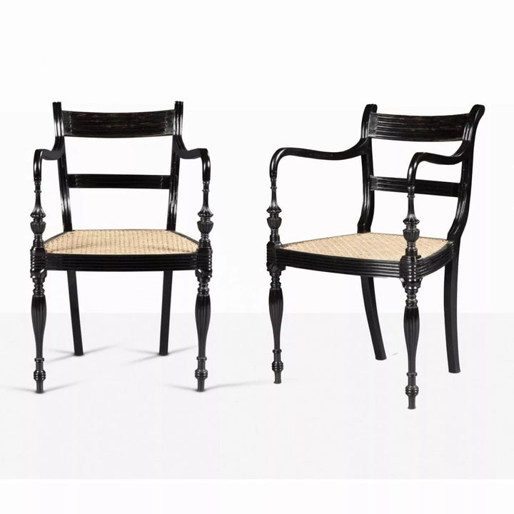 Pair of Anglo-Ceylonese ebony open armchairs with caned seats by The Sold Archive, circa 2000, elegant colonial design