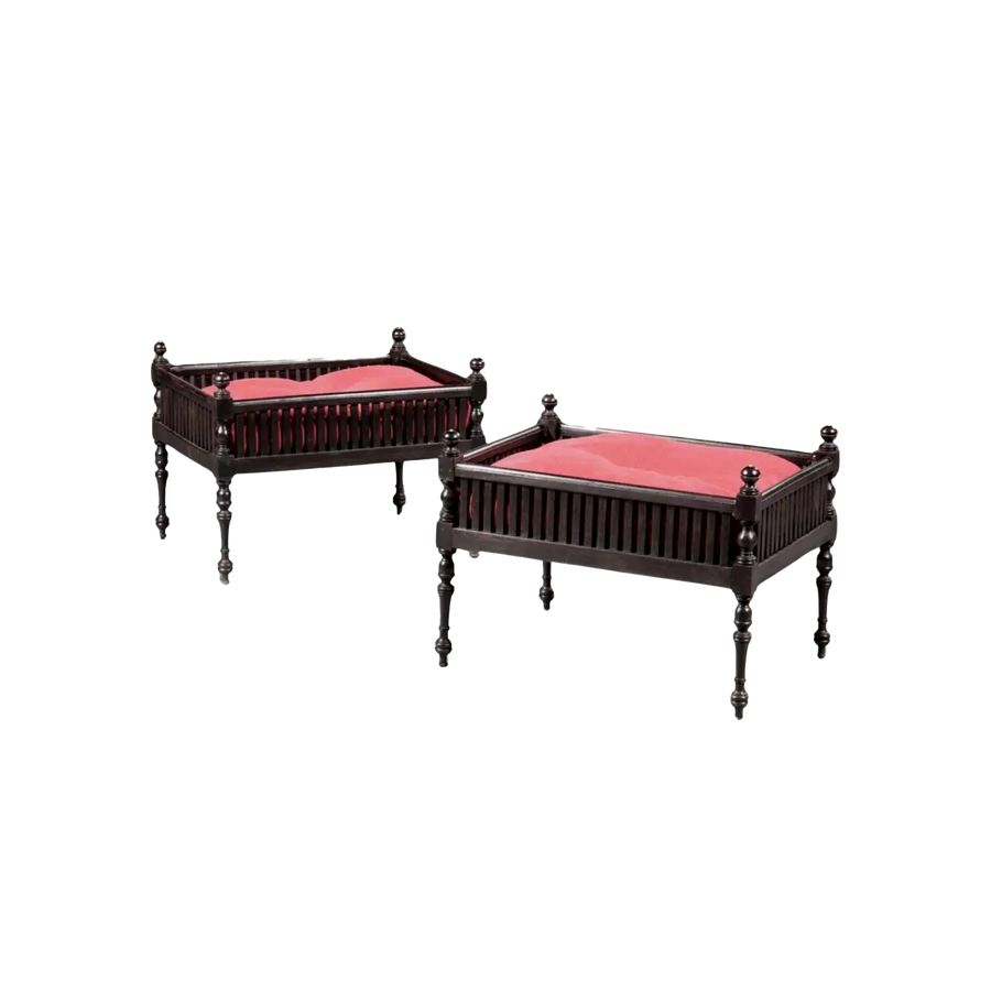 Pair of Anglo Indian solid ebony dog beds with red cushions on turned legs by Collection EE20 circa 1850