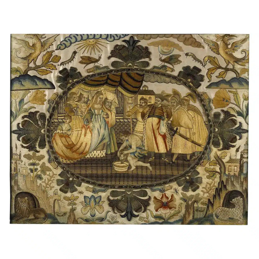 17th-century silk embroidery of John the Baptist’s decollation, with floral and animal motifs by Nwtiques