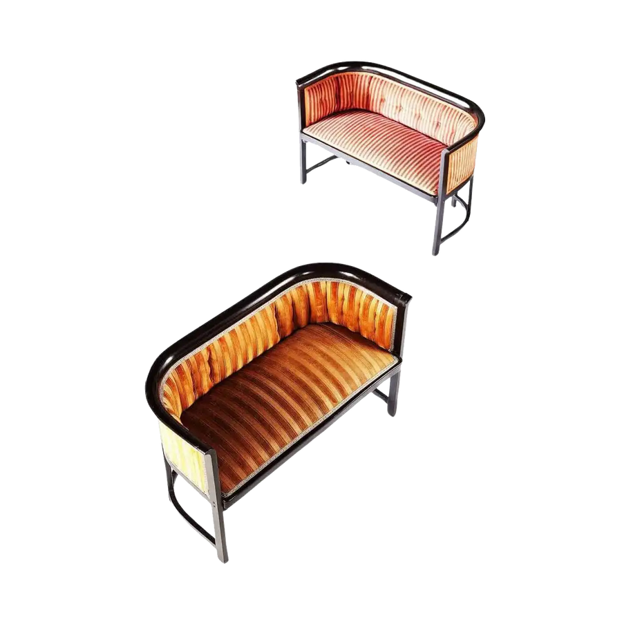 Two ebonised Viennese Secessionist settees with original striped velvet upholstery by Collection TH20