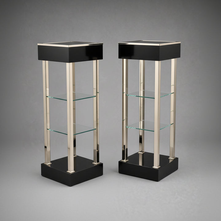 A pair of mid century Belgochrom glass and chrome etageres pedestals