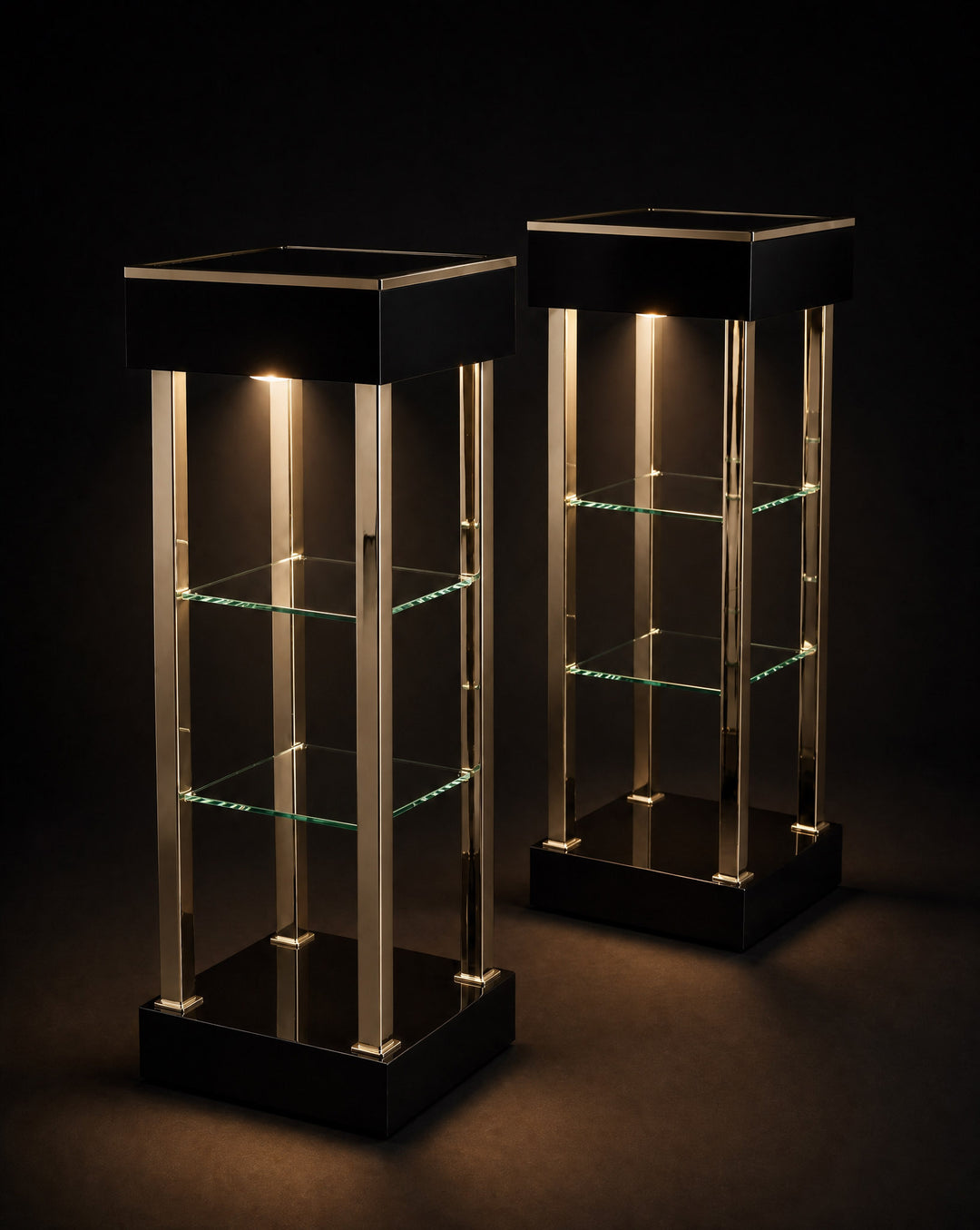 A pair of mid century Belgochrom glass and chrome etageres pedestals