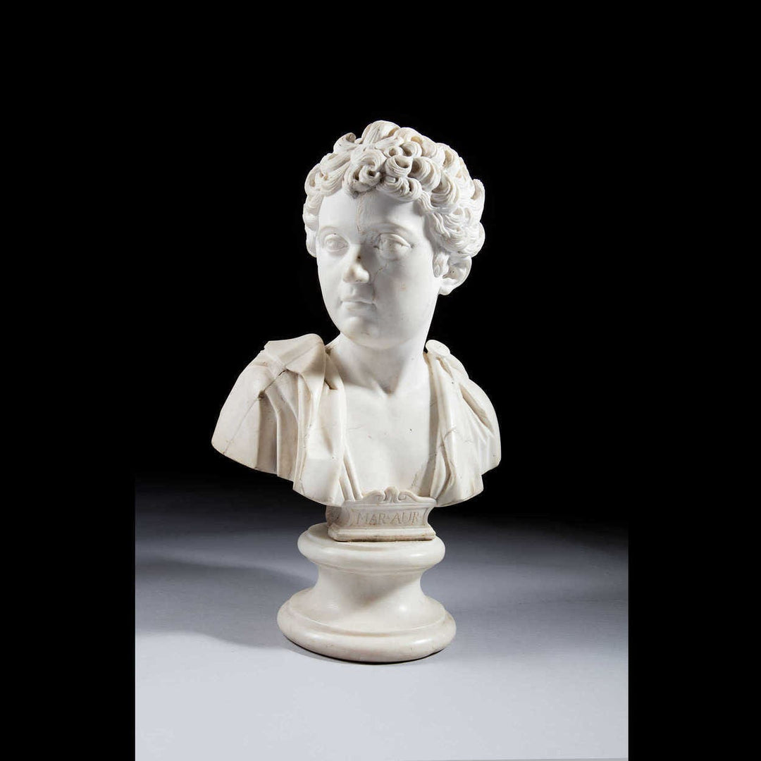 Grand Tour white marble bust of Marcus Aurelius as a boy on plinth by The Sold Archive elegant detail