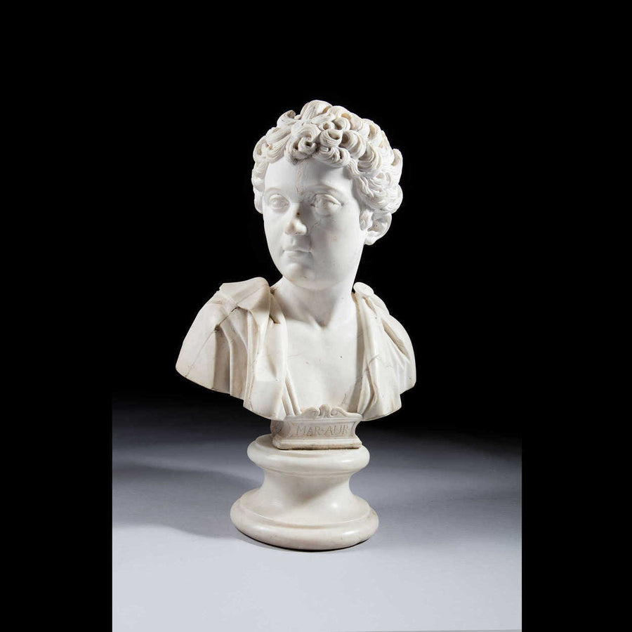 Grand Tour white marble bust of Marcus Aurelius as a boy on plinth by The Sold Archive elegant detail
