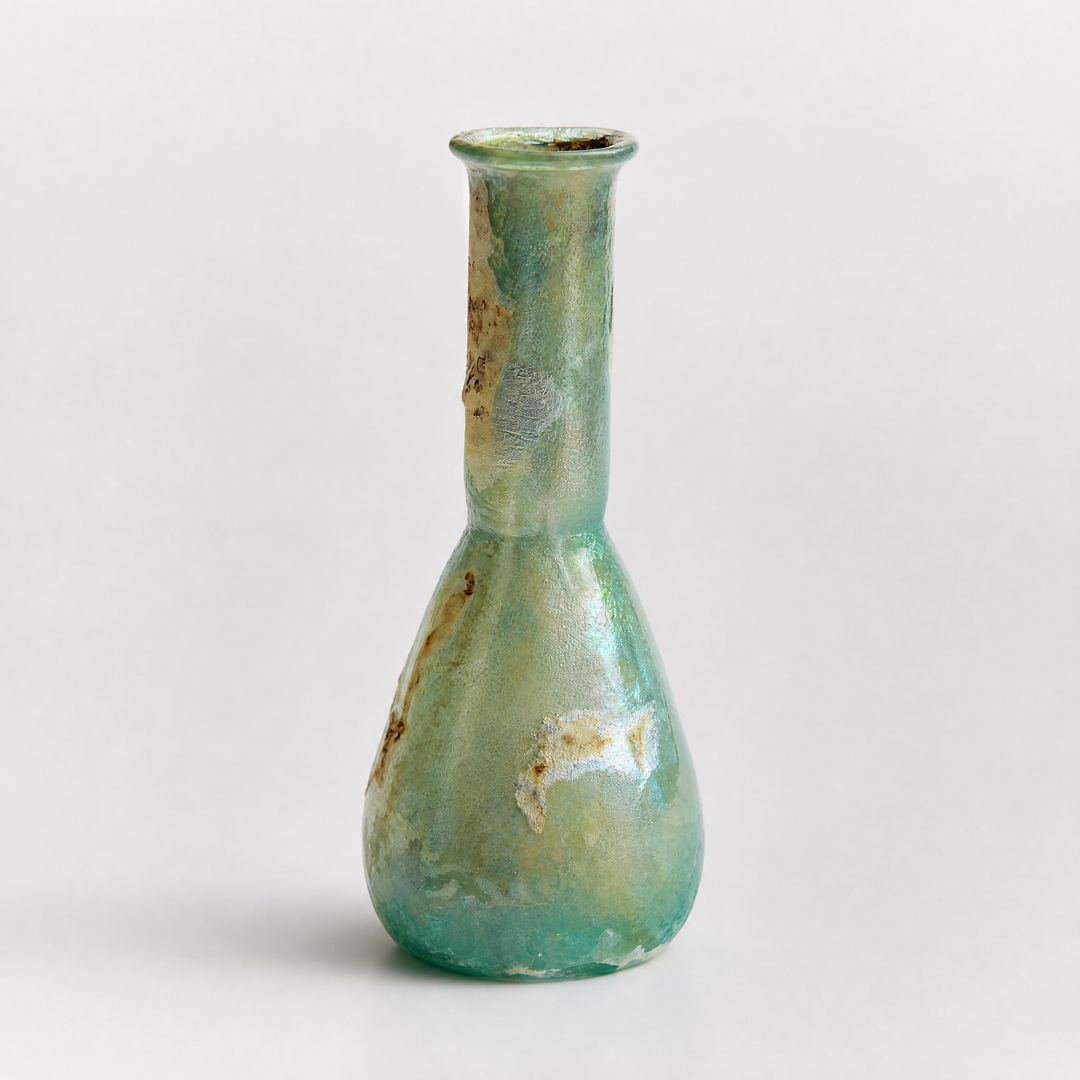 Ancient Roman Iridescent Green Glass Unguentarium, circa 2nd–3rd Century AD